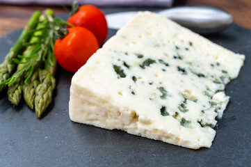 French cheeses collection, piece of roquefort, sheep milk soft blue cheese from Southern France.