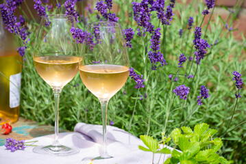 Love Provence, romantic picnic with glasses of cold French rose wine and purple lavender flowers in sunny summer garden