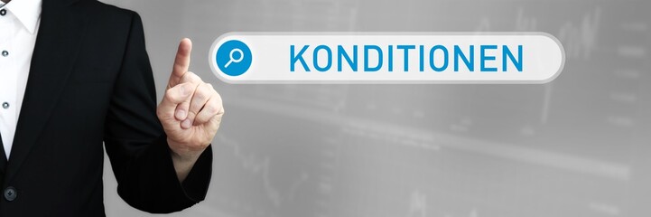 Konditionen. Mann zeigt mit Finger auf Suchfeld im Internet-Browser. Wort/Text (blau) in der Suche.
