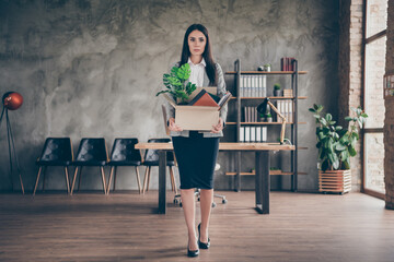 Full length photo of serious freelancer company owner girl lose her career investment corona virus crisis quit workplace go walk hold card board box wear blazer jacket high-heels