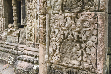 Stone bas relief carvings in Ta Som,  Angkor, Siem Reap Cambodia