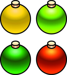 A set of 4 shiny christmas baubles. Citrus: orange, yellow and greens.