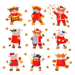 Set of cute bulls and cows. The symbol of the New Year. Vector illustration in flat style. Isolated on white.