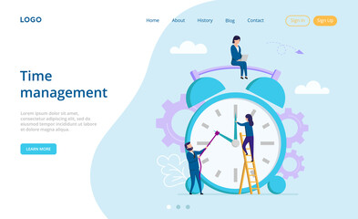 Planning And Teamwork Concept. Website Landing Page. Male And Female Characters Trying To Turn Time Back On A Big Alarm Clock. Time Is Money And Management. Web Page Vector Illustration In Flat Style