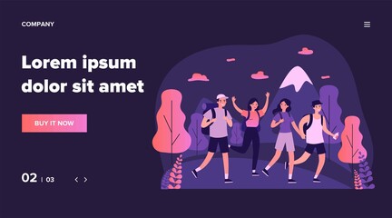 Happy tourists practicing mountain trekking. Hiking, backpacks, walking outdoors flat vector illustration. Adventure travel, outdoor tourism concept for banner, website design or landing web page
