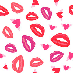 Seamless pattern with lips and hearts. Vector illustration