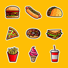 set of fast food sticker design icon vector flat design