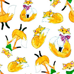 Pattern with cute watercolor foxes