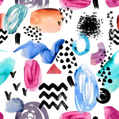 Abstract,watercolor spots, brushstrokes, black dots, zigzags.Watercolor illustration, seamless pattern.fabric design, cover art, Wallpaper.