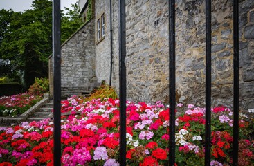 red and pink flowers behind a fence at a castle garden