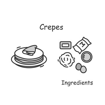 Crepes icon. Traditional french pancakes serving and ingredients line pictogram. Concept of European food tradition and easy and tasty recipe guide. Editable stroke vector restaurant menu illustration
