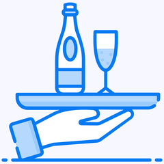 
Icon of wine bottle with glass in tray holding by hand, bar service vector 
