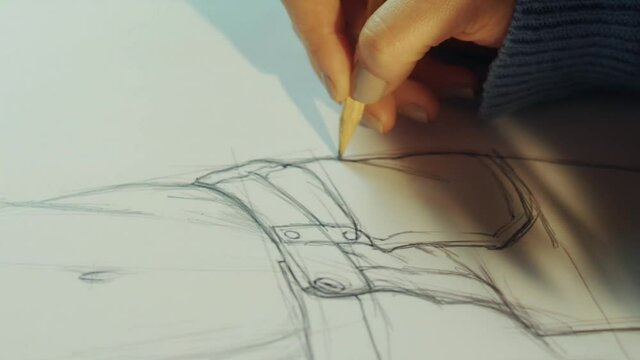 Close-up shot of woman's hands drawing pants on sketch paper.