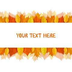 Autumn leaves frame. Border. Invitation template with yellow and orange leaves. Vector background. With text. For the design of banners, invitations, cards, flyers. Isolated on white.