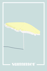 Cartel moderno azul de verano para banner, invitaciones, portadas, redes sociales. Ilustración de sombrilla/parasol amarillo. 