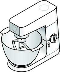 A white kitchen bench top mixer. With a mixing attachment and a plastic bowl.
