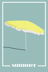 Vector de cartel moderno azul de verano para banner, invitaciones, portadas, redes sociales. Ilustración de sombrilla/parasol amarillo. 