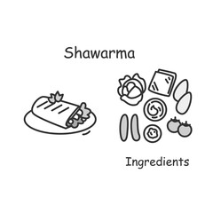 Shawarma icon. Arabian chicken meat and vegetables wrap roll linear pictogram. Concept of Middle Eastern street food and snack recipe and ingredients. Editable stroke vector food serving illustration