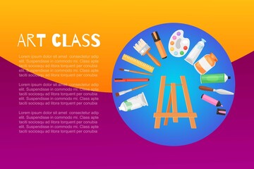 Lettering art class, background information, school drawing with paints and pencil, design cartoon style vector illustration. Graphic craft, creative materials, education banner, workshop tool set.