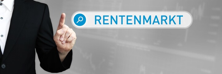 Rentenmarkt. Mann zeigt mit Finger auf Suchfeld im Internet-Browser. Wort/Text (blau) in der Suche.