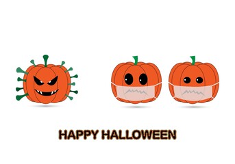 Concept of halloween pumpkin and coronavirus on white background