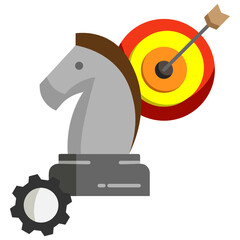 Merger and Acquisition Strategy Concept, Buying, selling of Business Game Plan On White Background, Dart Board Arrow, Knight and Cog Vector Color Icon Design, M&A Symbols  