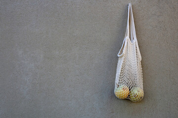 Reusable mesh bag with two small pumpklins, hanging on a concrete wall.