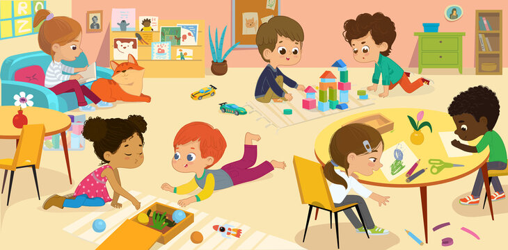 Preschool Class. Vector illustrations of children in the playroom, boys and girls involved in various activities, draw, make a collage, read books, play with the wood blocks, and have fun. 