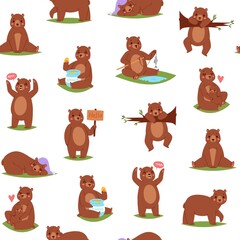 Obraz premium Bear seamless pattern, cartoon cute animal, repeat pattern, ornament print texture, design, cartoon style vector illustration. Fun kindergarten, sweet, polar background, wildlife element, funny print.