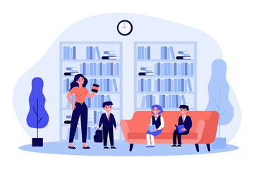 School children reading books in library. Female librarian, bookshelves, pupils flat vector illustration. Education, literature, knowledge concept for banner, website design or landing web page
