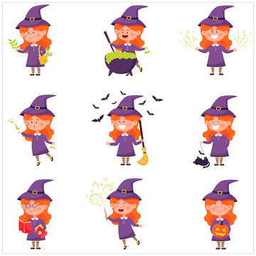 Set with a cute witch characters. Vector illustration for Halloween.