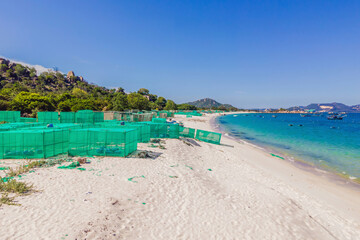 Lots of marine farms in a blue sea water. Sea farming concept