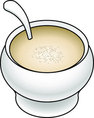 A white ceramic soup tureen of cream of mushroom / chicken soup with a dash of cracked pepper.