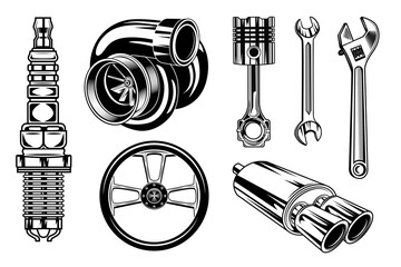 Vintage car repair elements set. Monochrome parts and tools, retro chrome engine, wrenches concept. Vector illustrations collection for garage or motor mechanic service concept