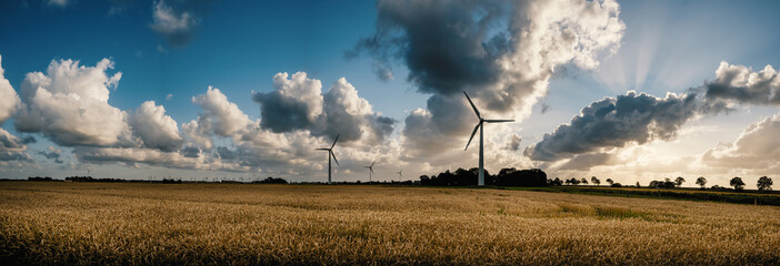 Panorama - Windkraftanlagen in Ostfriesland vor dramatischem Abendhimmel
