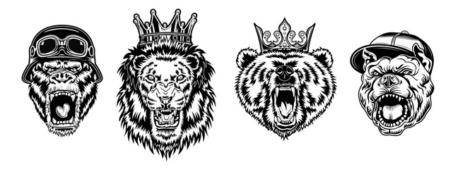 Animal angry characters set. Gorilla in biker helmet, lion and bear in riyal monarch crown, bulldog in gangster cap with open jaws. Vintage monochrome vector illustrations isolated on white background