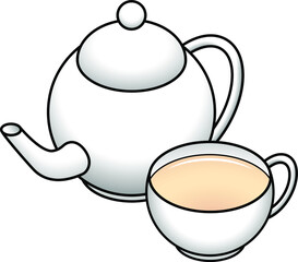 A white ceramic teapot and teacup with herbal tea.