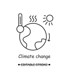 Climate change icon. Earth globe suffering global warming with thermometer linear pictogram. Greenhouse effect, co2 gas emission and ozone screen issue concept. Editable stroke vector illustration