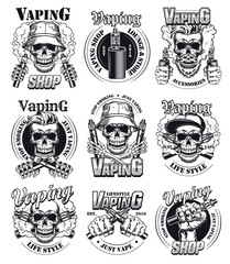 Vape shop label templates set. Vintage monochrome elements with trendy hipster skull, electronic cigarettes and vapor clouds. Vector illustrations for advertising design, shopping or lifestyle concept