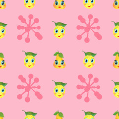 Colorful seamless pattern of funny cartoon fruits with cheerful faces of pear and lemon on a pink background with a blot. Watercolor illustrationfor kids design, wrapping, wallpaper, textile.