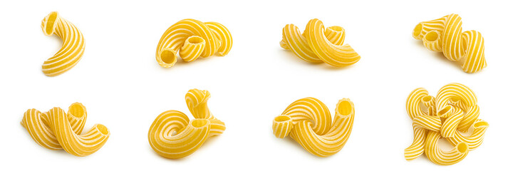 Pasta cavatappi with stripes isolated on white background. High quality photo