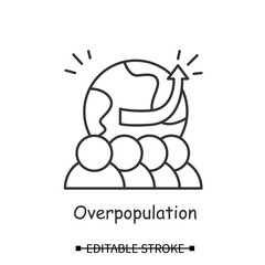 Overpopulation icon. People with Earth globe and rising trend arrow linear pictogram. Concept of world human population growth and global ecology impact. Editable stroke vector illustration