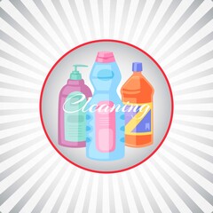 Detergent, housework equipment, household tool, liquid chemical, cleanliness hygiene, design, cartoon style vector illustration. Set washing, banner cover air conditioning, decorative wallpaper.