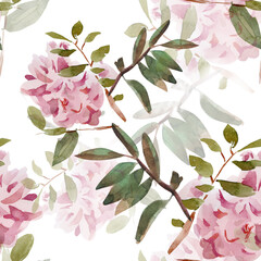 seamless pattern with pink flowers, handmade watercolor