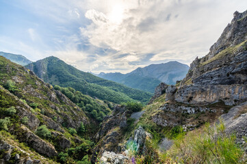 Fototapeta na wymiar View of the Sajambre valley in the Picos de Europa national park in Leon, Spain