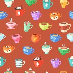 Cups seamless pattern, drink coffee wallpaper concept, retro illustration, vintage design, cartoon style vector illustration. Cute dishware element, decorative ornament, kitchenware collection.