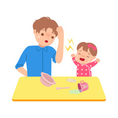 Young father feel confused facing his baby toddler throwing tantrum. Single parent clip art.  Parenting illustration. Flat vector isolated on white background.