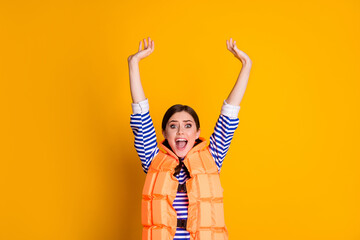 Portrait of astonished girl have summer resort weekend swim ocean drown shout have life vest wear...