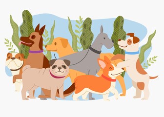 Obraz na płótnie Canvas Dog plant composition, animal illustration, cute pet, sketch design for doggy, friend adorable, cartoon style vector illustration. Different decorative set, print nature collection hand drawing.