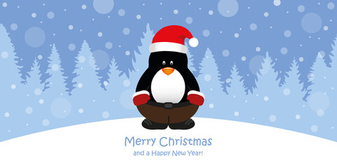 cute christmas greeting card with penguin on snowy forest landscape vector illustration EPS10